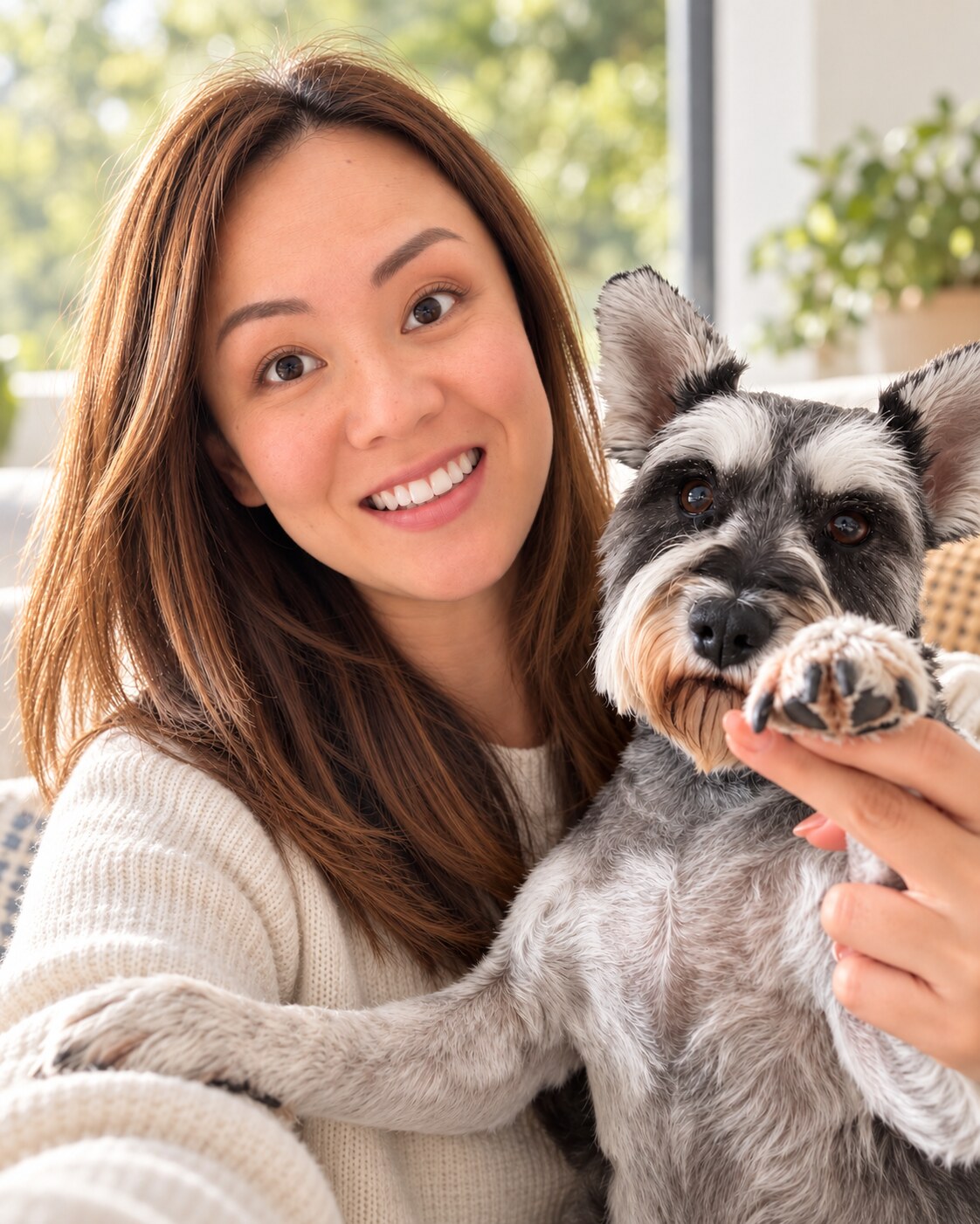 Daisy with Woofie, her miniature schnauzer and furry co-creator
